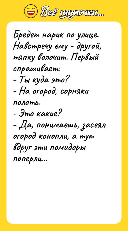 Бредет нарик по улице. Навстречу ему - другой, тяпку волочит.
