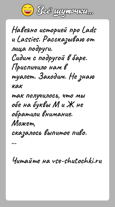 История: Навеяно историей про Lads и Lassies. Рассказываю от лица подруги.Сидим с подругой в баре. Приспичило нам в туалет. Заходим. Не