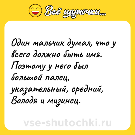 Шутка: Один мальчик думал, что у всего должно быть имя. Поэтому у него был большой палец, указательный, средний, Володя и мизинец.