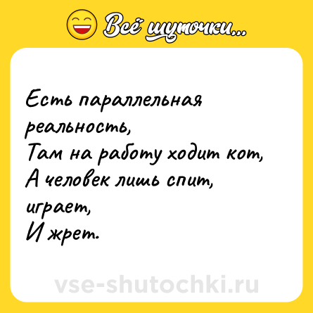Шутка: Есть параллельная реальность,<br>Там на работу ходит кот,<br>А человек лишь спит, играет,<br>И жрет.