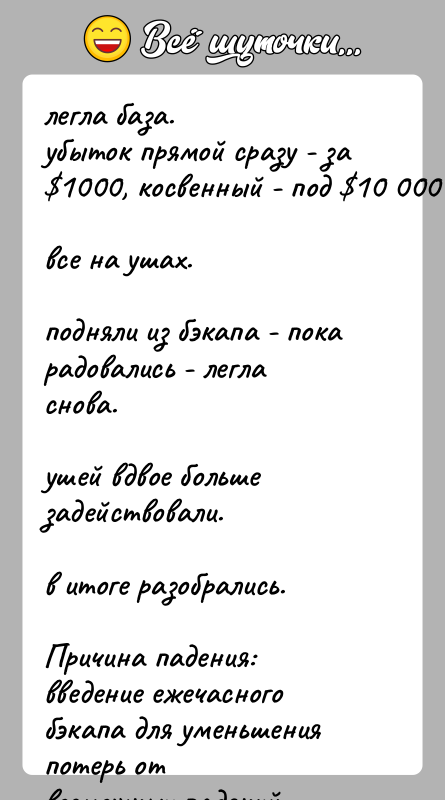История: легла база.убыток прямой сразу - за 1000, косвенный - под 10 000все на ушах.подняли из бэкапа - пока радовались -