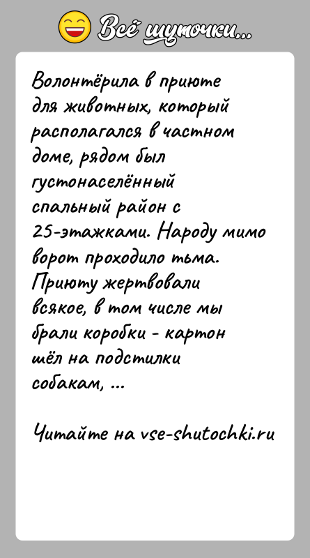 История: Волонтёрила в приюте для животных, который располагался в частном доме, рядом был густонаселённый спальный район с 25-этажками. Народу мимо ворот