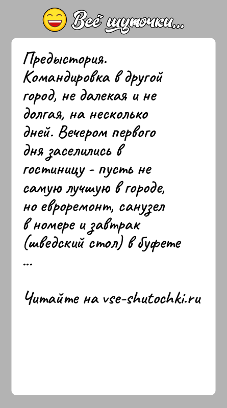 История: Предыстория. Командировка в другой город, не далекая и не долгая, на несколько дней. Вечером первого дня заселились в гостиницу -