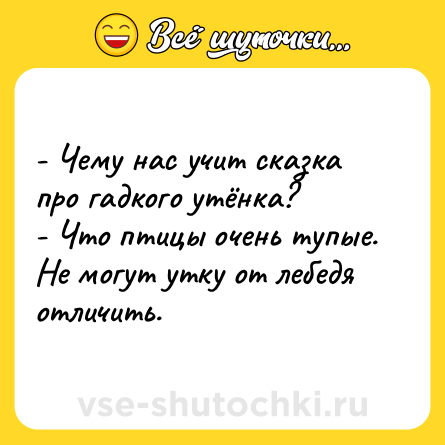 Шутка: - Чему нас учит сказка про гадкого утёнка? <br>- Что птицы очень тупые. Не могут утку от лебедя отличить.