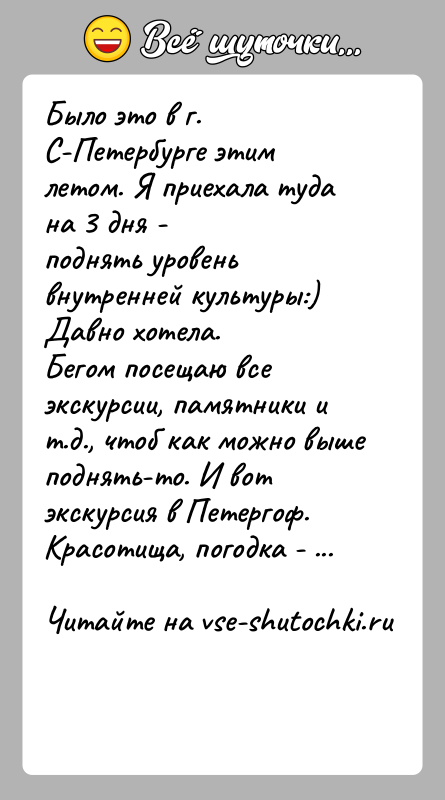 История: Было это в г. С-Петербурге этим летом. Я приехала туда на 3 дня -поднять уровень внутренней культуры:) Давно хотела.Бегом посещаю