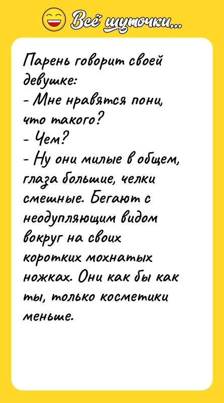 Парень говорит своей девушке: - Мне нравятся пони, что такого?