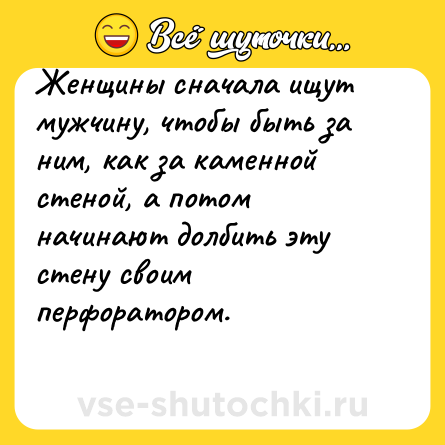 Шутка: Женщины сначала ищут мужчину, чтобы быть за ним, как за каменной стеной, а потом начинают долбить эту стену своим перфоратором.<br><br> 