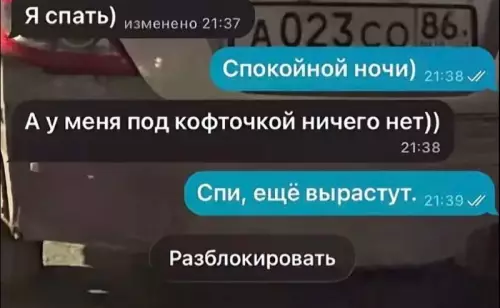 Когда мастер подкатов зашел слишком далеко 😂 - я спать) изменено 21:37 Спокойной ночи) 21:38 А у меня