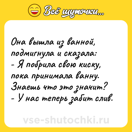 Шутка: Она вышла из ванной, подмигнула и сказала: <br>- Я побрила свою киску, пока принимала ванну. Знаешь что это значит?<br>- У нас теперь забит слив.