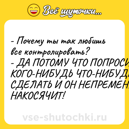 Шутка: - Почему ты так любишь все контролировать?<br>- ДА ПОТОМУ ЧТО ПОПРОСИ КОГО-НИБУДЬ ЧТО-НИБУДЬ СДЕЛАТЬ И ОН НЕПРЕМЕННО НАКОСЯЧИТ!