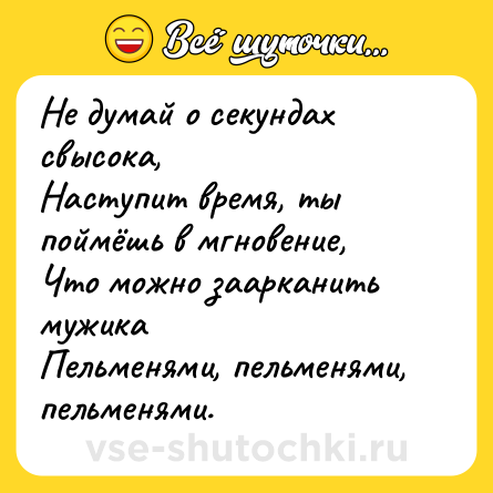 Шутка: Не думай о секундах свысока, <br>Наступит время, ты поймёшь в мгновение, <br>Что можно заарканить мужика <br>Пельменями, пельменями, пельменями.