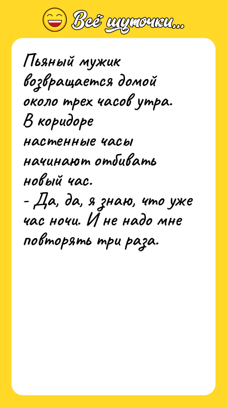 Пьяный мужик возвращается домой около трех часов утра. В коридоре