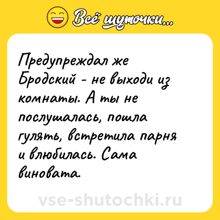Шутка: Предупреждал же Бродский - не выходи из комнаты. А ты не послушалась, пошла гулять, встретила парня и влюбилась. Сама виновата.