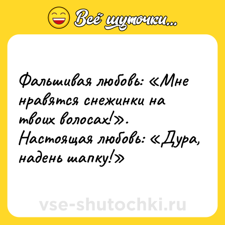 Шутка: Фальшивая любовь: Мне нравятся снежинки на твоих волосах! . Настоящая любовь: Дура, надень шапку!