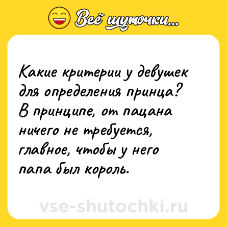 Шутка: Какие критерии у девушек для определения принца? В принципе, от пацана ничего не требуется, главное, чтобы у него папа был король.