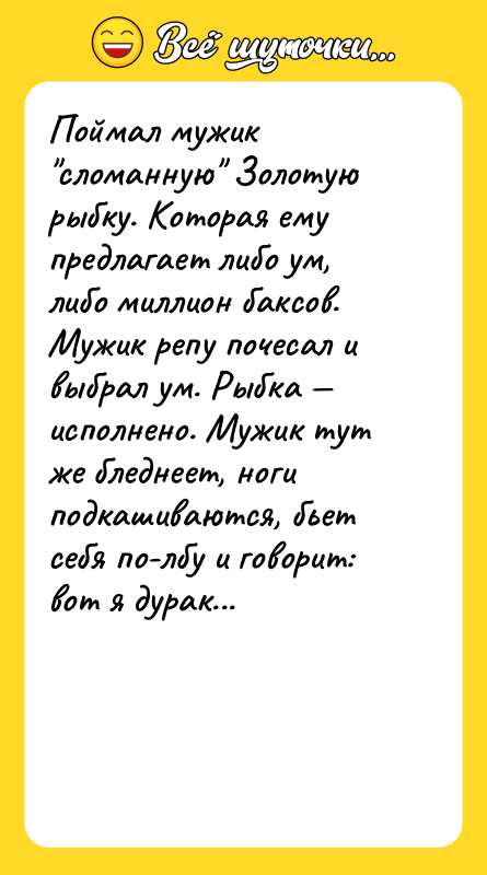 Поймал мужик "сломанную" Золотую рыбку. Которая ему предлагает либо ум,