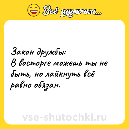 Шутка: Закон дружбы:<br>В восторге можешь ты не быть, но лайкнуть всё равно обязан.