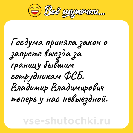 Шутка: Госдума приняла закон о запрете выезда за границу бывшим сотрудникам ФСБ. Владимир Владимирович теперь у нас невыездной.