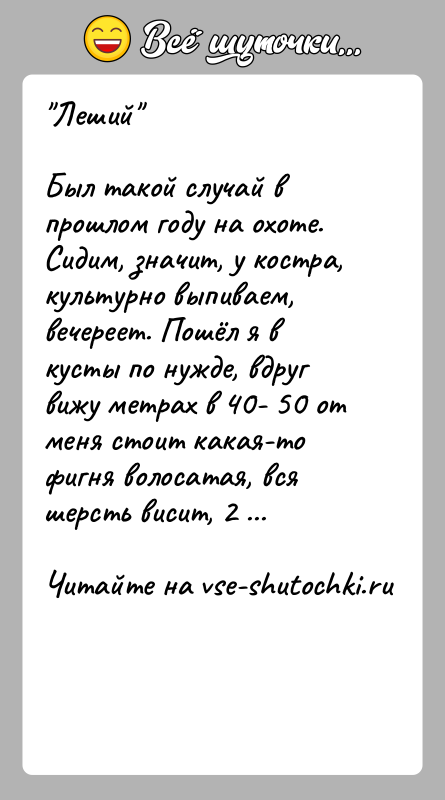 История: Леший Был такой случай в прошлом году на охоте. Сидим, значит, у костра, культурно выпиваем, вечереет. Пошёл я в кусты по