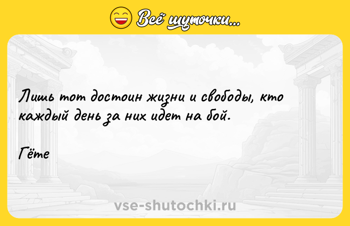 Цитата: Лишь тот достоин жизни и свободы, кто каждый день за них идет на бой. Гёте