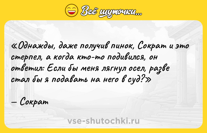 Цитата: Однажды, даже получив пинок, Сократ и это стерпел, а когда кто-то подивился, он ответил: Если бы меня лягнул осел, разве стал бы я подавать на него в суд? Сократ