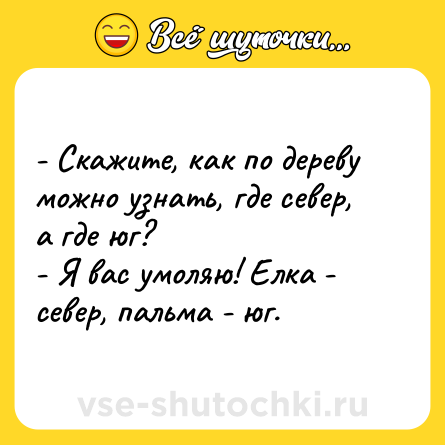 Шутка: - Скажите, как по дереву можно узнать, где север, а где юг?<br>- Я вас умоляю! Елка - север, пальма - юг.