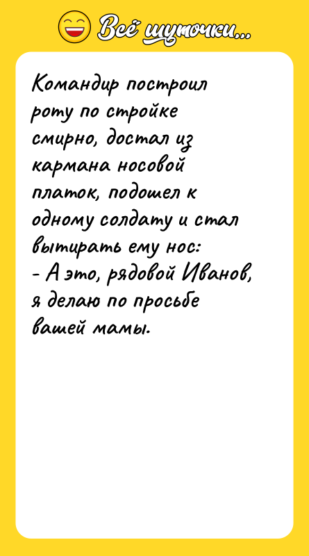 Командир построил роту по стройке смирно, достал из кармана носовой