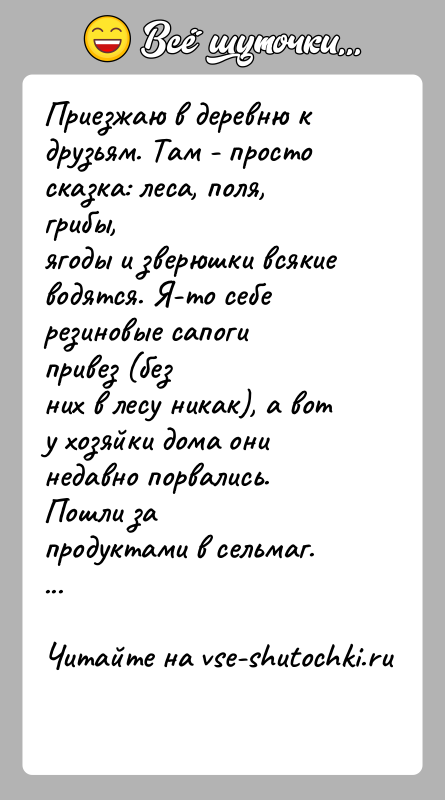 История: Приезжаю в деревню к друзьям. Там - просто сказка: леса, поля, грибы,ягоды и зверюшки всякие водятся. Я-то себе резиновые сапоги