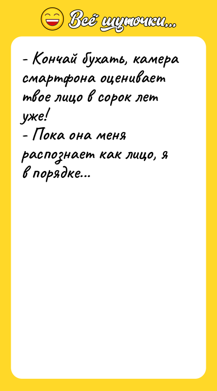 - Кончай бухать, камера смартфона оценивает твое лицо в сорок