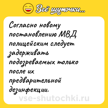 Шутка: Согласно новому постановлению МВД полицейским следует задерживать подозреваемых только после их предварительной дезинфекции.
