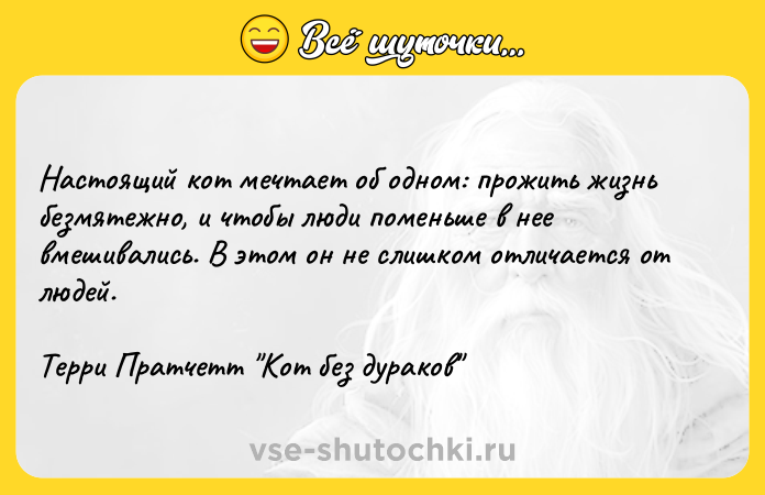 Цитата: Настоящий кот мечтает об одном: прожить жизнь безмятежно, и чтобы люди поменьше в нее вмешивались. В этом он не слишком отличается от людей.Терри Пратчетт Кот без дураков