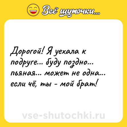 Шутка: Дорогой! Я уехала к подруге... буду поздно... пьяная... может не одна... если чё, ты - мой брат!