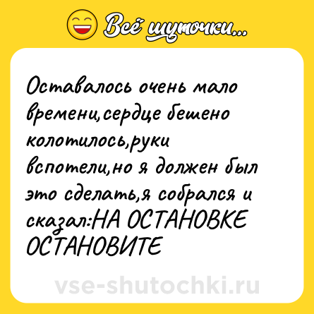 Шутка: Оставалось очень мало времени,сердце бешено колотилось,руки вспотели,но я должен был это сделать,я собрался и сказал:НА ОСТАНОВКЕ ОСТАНОВИТЕ