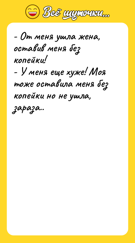 - От меня ушла жена, оставив меня без копейки! -