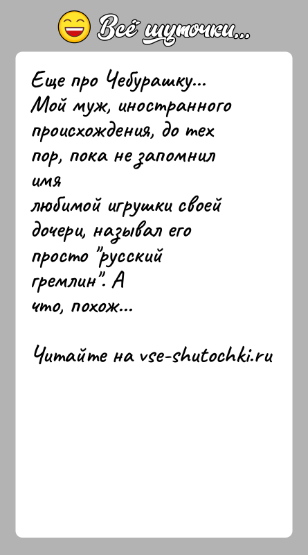 История: Еще про Чебурашку...Мой муж, иностранного происхождения, до тех пор, пока не запомнил имялюбимой игрушки своей дочери, называл его просто русский