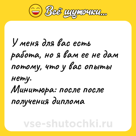 Шутка: У меня для вас есть работа, но я вам ее не дам потому, что у вас опыты нету. <br>Минитюра: после после получения диплома