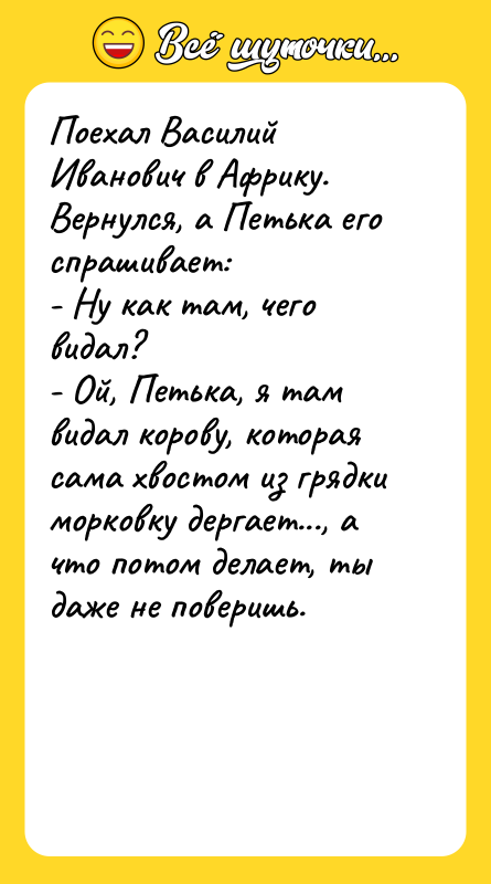 Поехал Василий Иванович в Африку. Вернулся, а Петька его спрашивает: