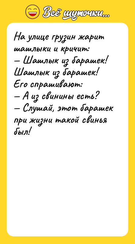 На улице грузин жарит шашлыки и кричит: — Шашлык из
