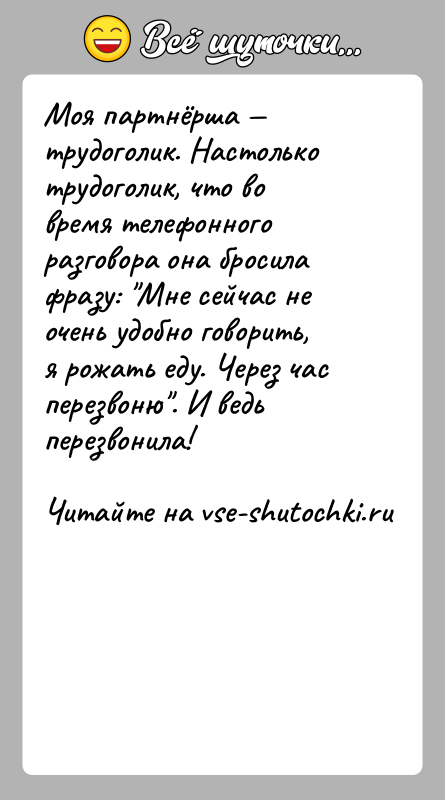История: Моя партнёрша трудоголик. Настолько трудоголик, что во время телефонного разговора она бросила фразу: Мне сейчас не очень удобно говорить,
