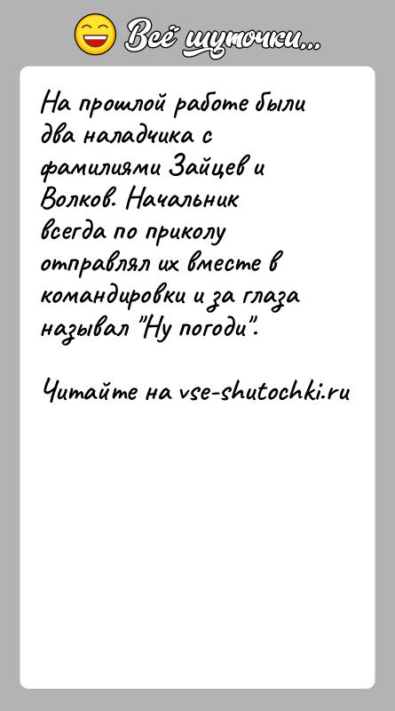 История: На прошлой работе были два наладчика с фамилиями Зайцев и Волков. Начальник всегда по приколу отправлял их вместе в командировки