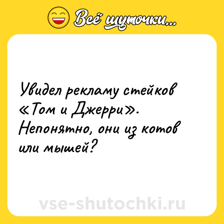 Шутка: Увидел рекламу стейков «Том и Джерри». Непонятно, они из котов или мышей?