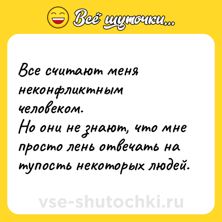 Шутка: Все считают меня неконфликтным человеком.<br>Но они не знают, что мне просто лень отвечать на тупость некоторых людей.