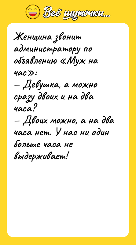 Женщина звонит администратору по объявлению «Муж на час»: — Девушка,