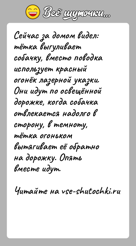 История: Сейчас за домом видел: тётка выгуливает собачку, вместо поводка использует красный огонёк лазерной указки. Они идут по освещённой дорожке, когда