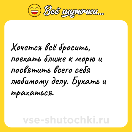 Шутка: Хочется всё бросить, поехать ближе к морю и посвятить всего себя любимому делу. Бухать и трахаться.