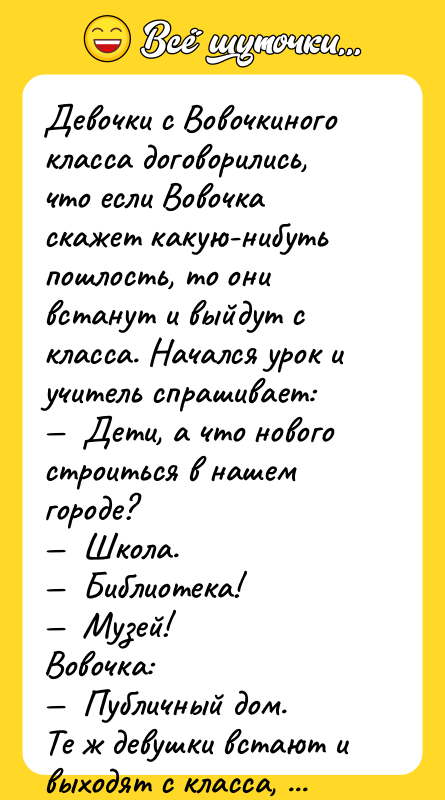 Девочки с Вовочкиного класса договорились, что если Вовочка скажет какую-нибуть