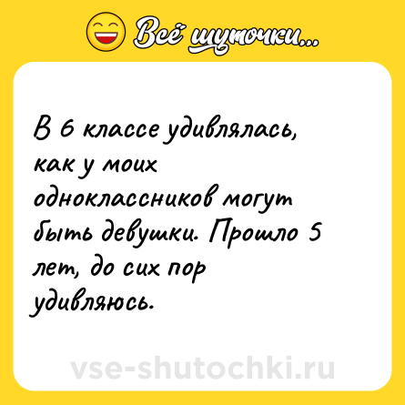 Шутка: В 6 классе удивлялась, как у моих одноклассников могут быть девушки. Прошло 5 лет, до сих пор удивляюсь.