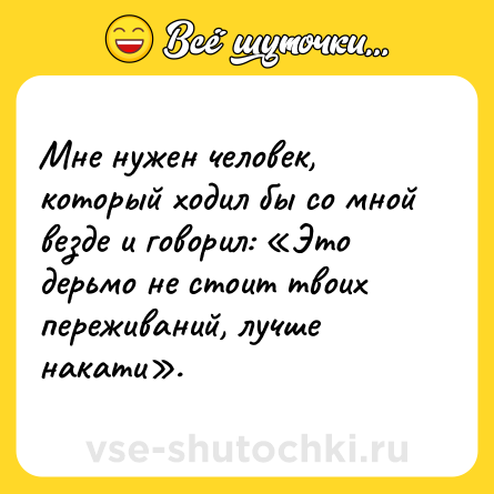 Шутка: Мне нужен человек, который ходил бы со мной везде и говорил: «Это дерьмо не стоит твоих переживаний, лучше накати».