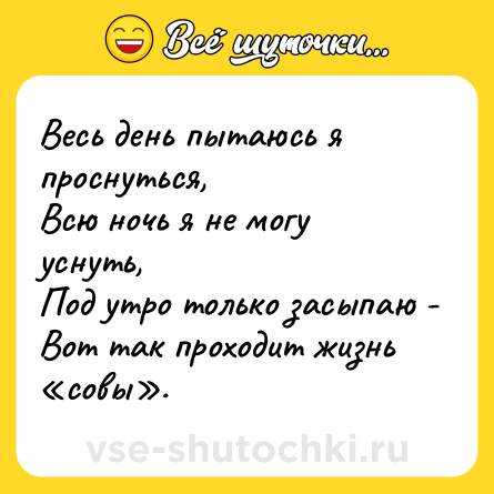 Шутка: Весь день пытаюсь я проснуться,<br>Всю ночь я не могу уснуть,<br>Под утро только засыпаю -<br>Вот так проходит жизнь «совы».