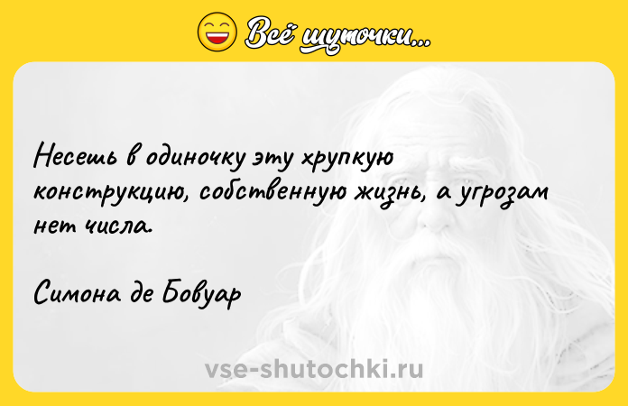 Цитата: Несешь в одиночку эту хрупкую конструкцию, собственную жизнь, а угрозам нет числа.Симона де Бовуар